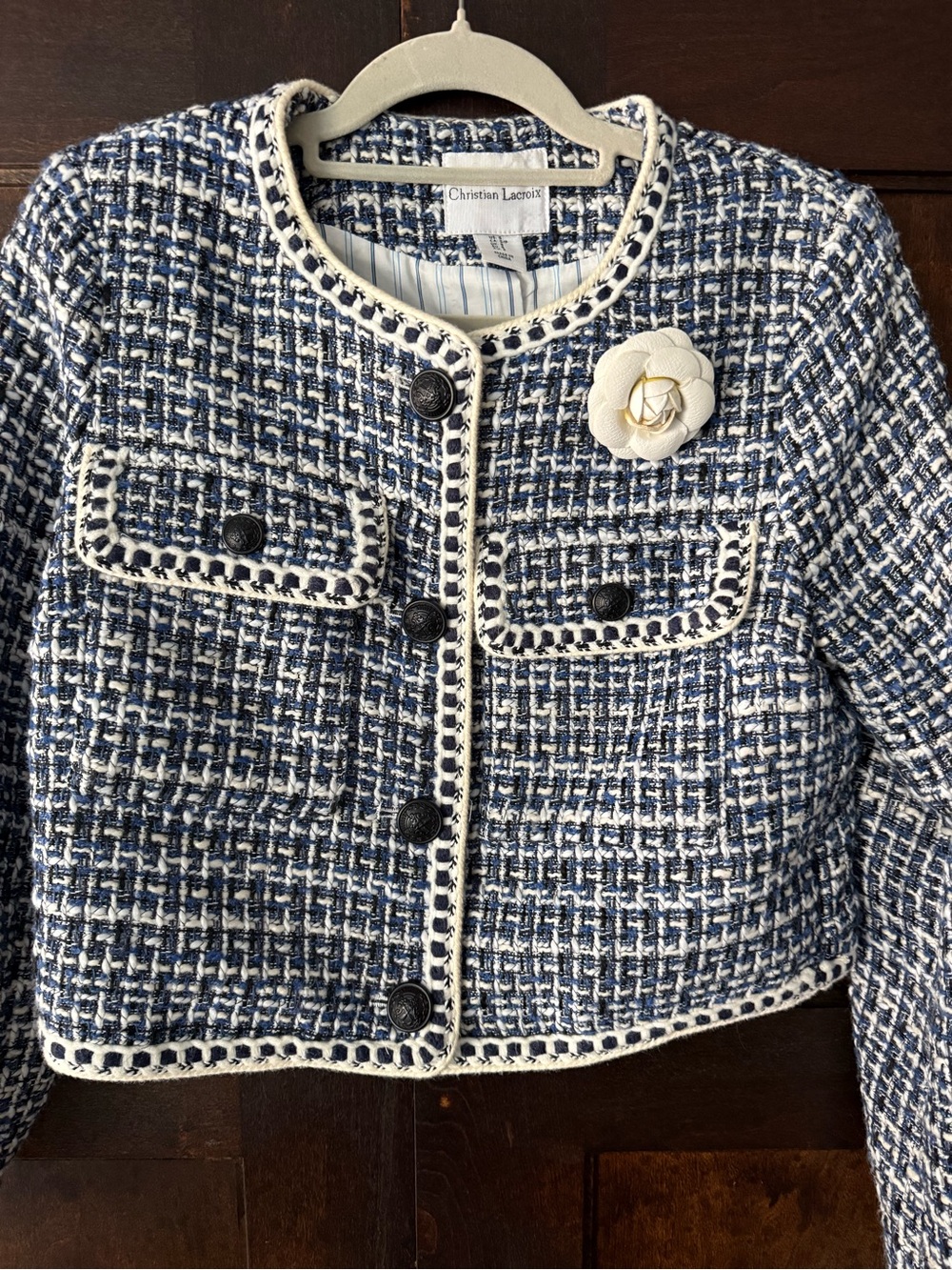 Christian Lacroix Blue & White Tweed Cropped Blazer